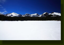 Bierstadt Lake, frozen and covered in snow