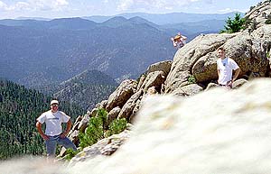 Rob, Chuck (imitating wild moose) and I on top of Grey Rock, June 1996