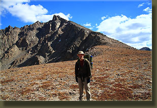 Sam at the Saddle with Hagues Peak behind
