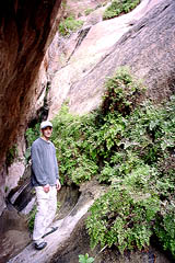 Dave in a side canyon with a hanging garden of maidenhair fern