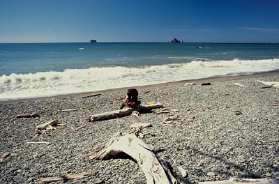 Andra rests and enjoys the crashing surf and empty sky at Rialto Beach